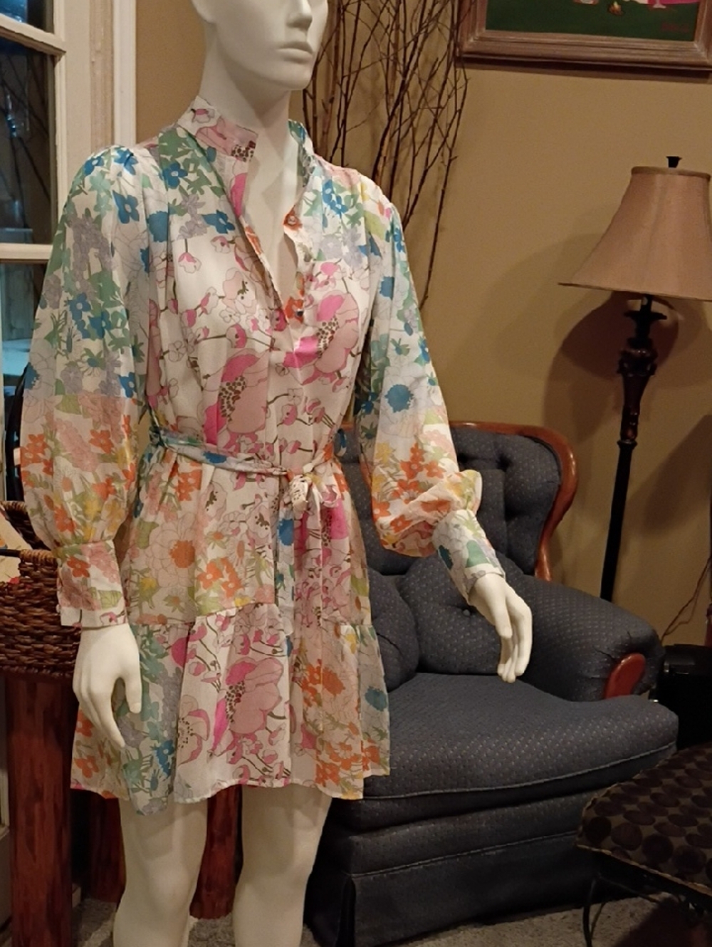 SHEIN Floral Multicolor Belted Mini Dress Size L